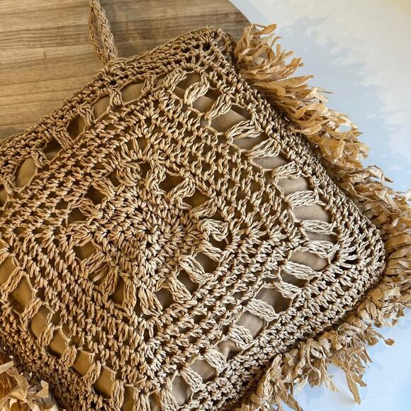 MW Tan Natural Fiber Straw Fringe Raffa Crochet Square Tote Shoulder Bag - Picture 8 of 13
